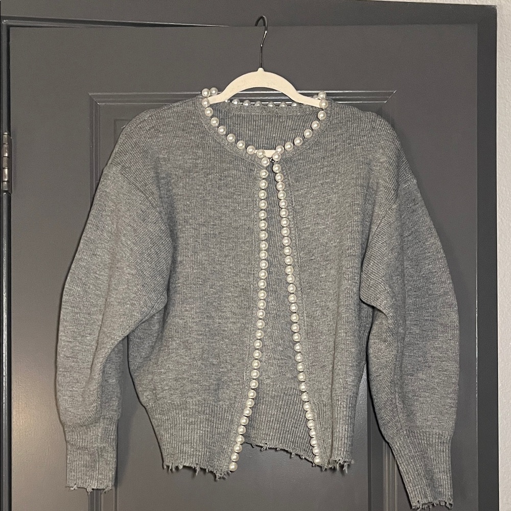 Commense Gray Women's Cardigan with Pearl Details
